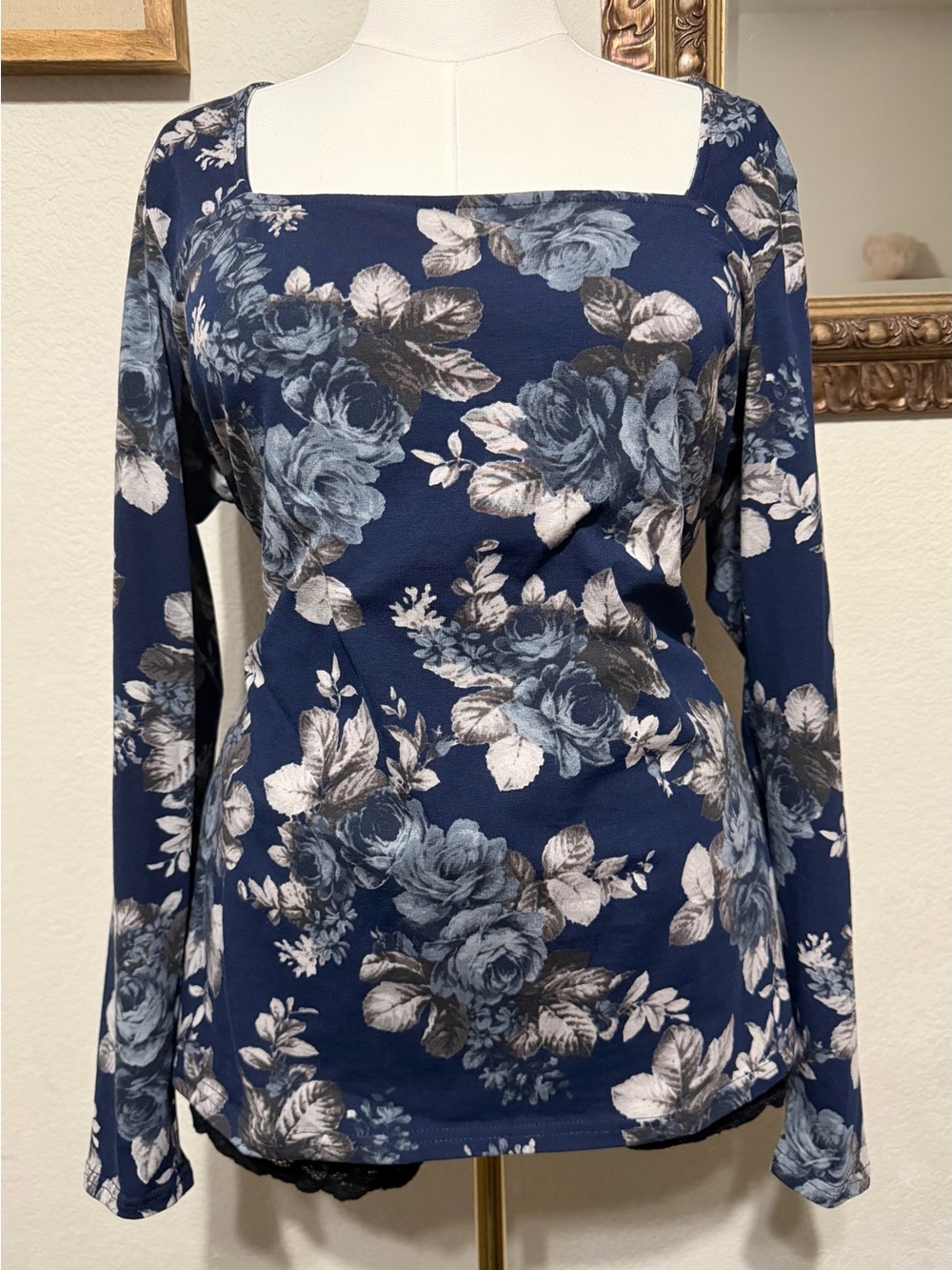 torrid Blue and Cream Floral Square-Neck Long Sleeve Top